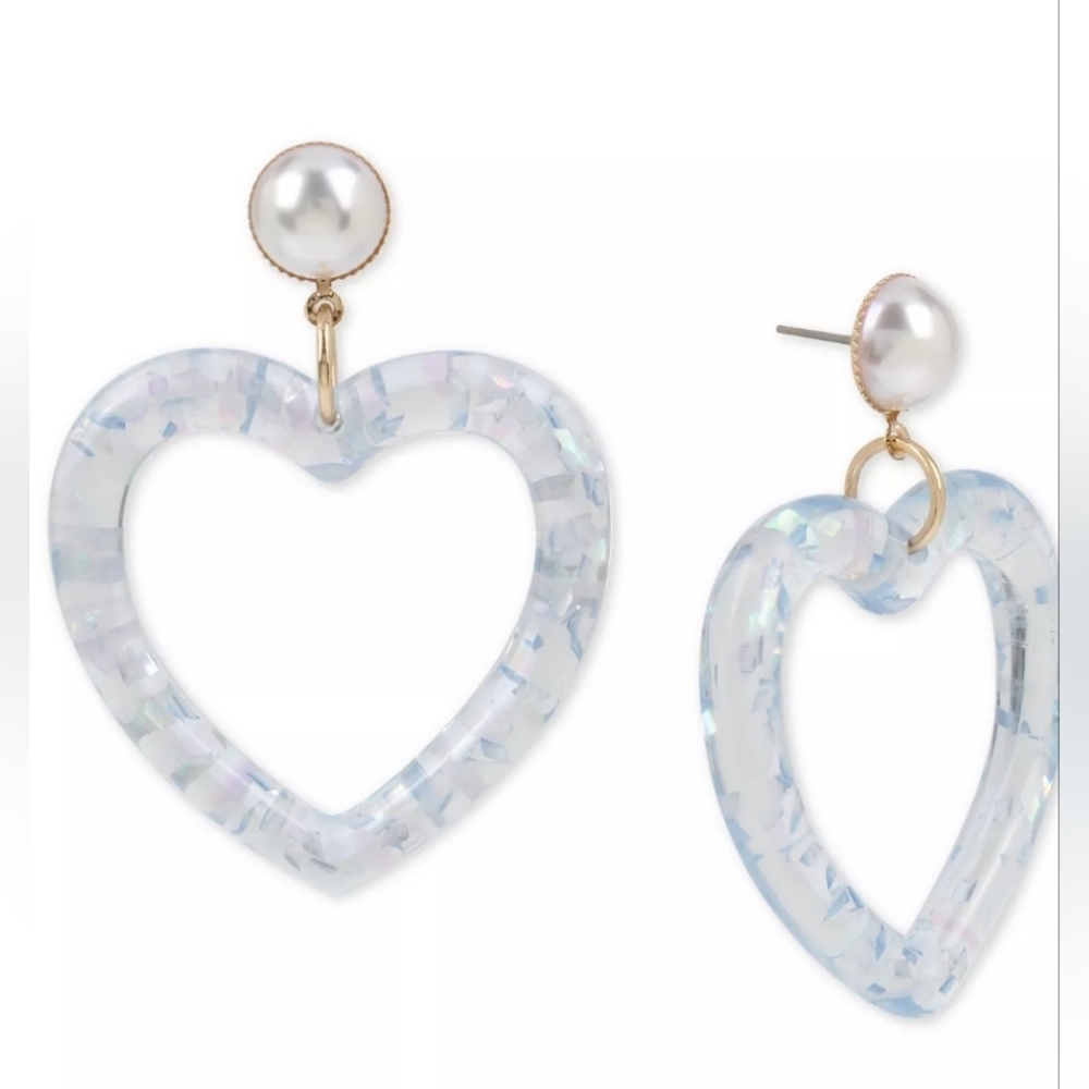 Betsey Johnson gold tone Retro glitter heart & faux pearl 2-1/5" Earrings 80s